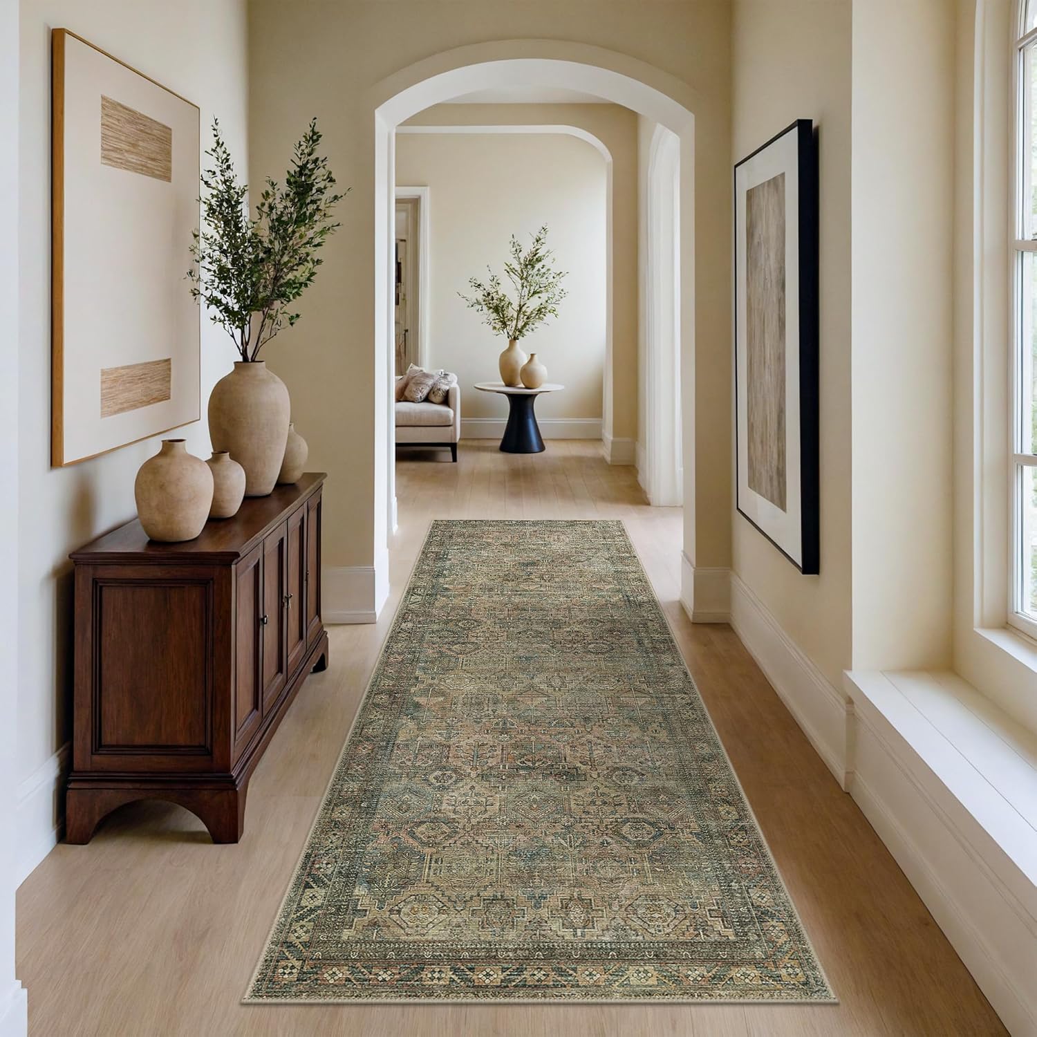 GENIMO Runner Rug 2x5, Non Slip Vintage Hallway Runner Rugs, Low Pile Lightweight Machine Washable Mat for Hallway, Entryway, Bedroom, Kitchen and Corridor, Blue Blush